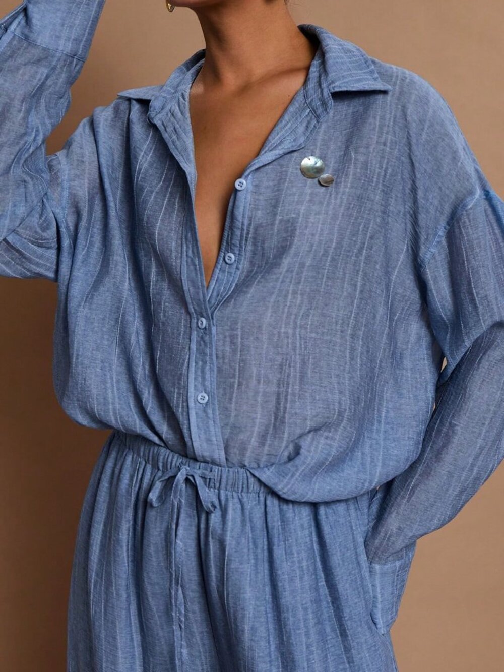 Baby Blue Casual Women's Long Sleeve Blouse - Picture 4 of 8